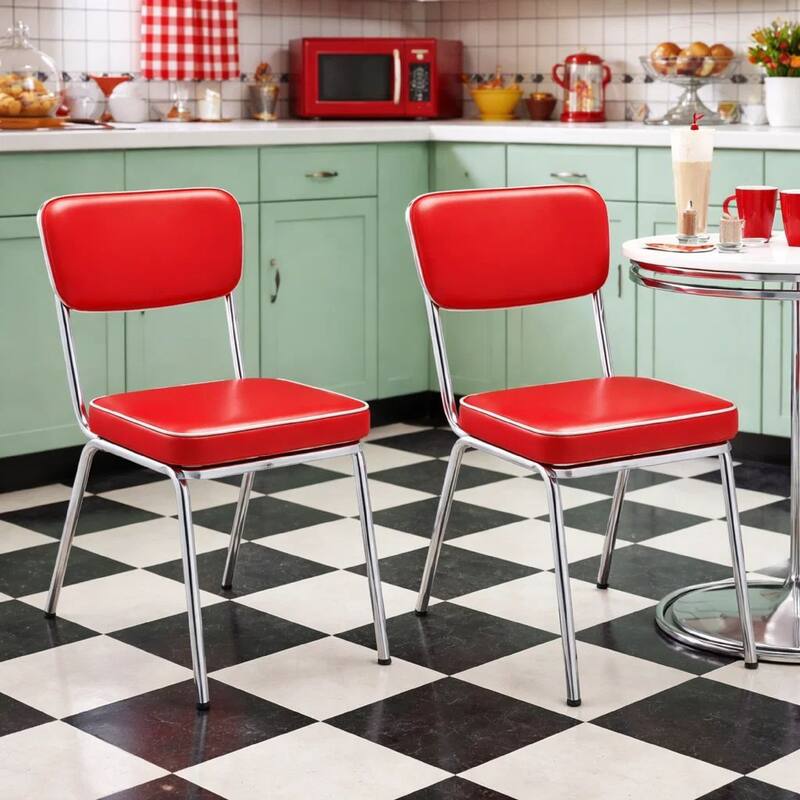 Dining Side Chair Set of 2, Retro Red Faux Leather, Chrome Metal Legs