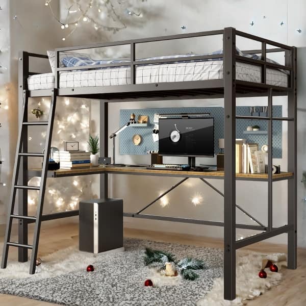 slide 2 of 9, Twin Size Black Metal Loft Bed with L-Shaped Desk Black