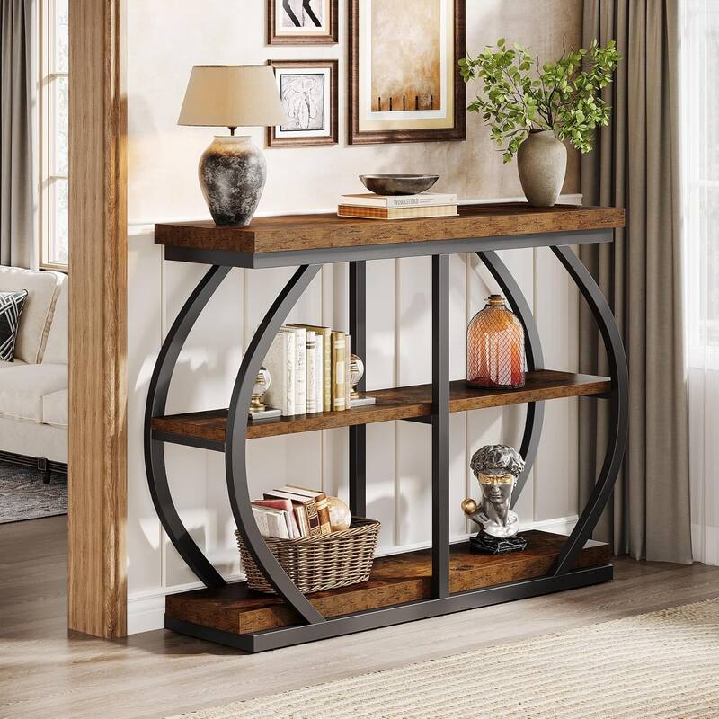 41.3 Inches Brown Wooden Entryway Table, 3-Tier Industrial Hallway Table with Storage for Living Room