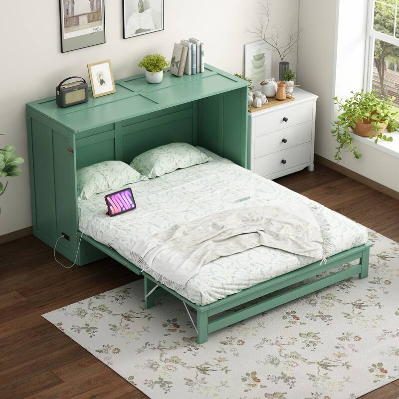 Queen Size Murphy Bed with Built-In Charging Station and Large Storage Drawer, Space-Saving Design, Pine Wood Frame