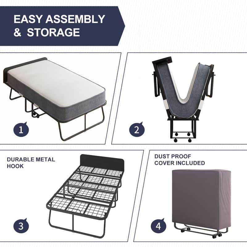 Mixoy Space Saving Fold up Bed with Mattress & 360 Swivel Wheels