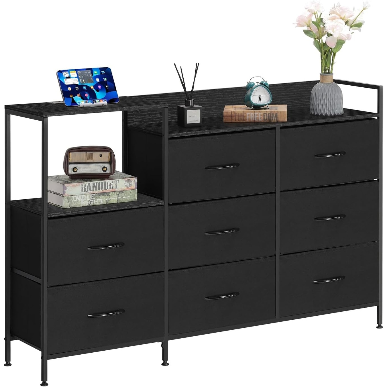 52'' Long TV Stand with 8 Storage Drawers and Open Shelves