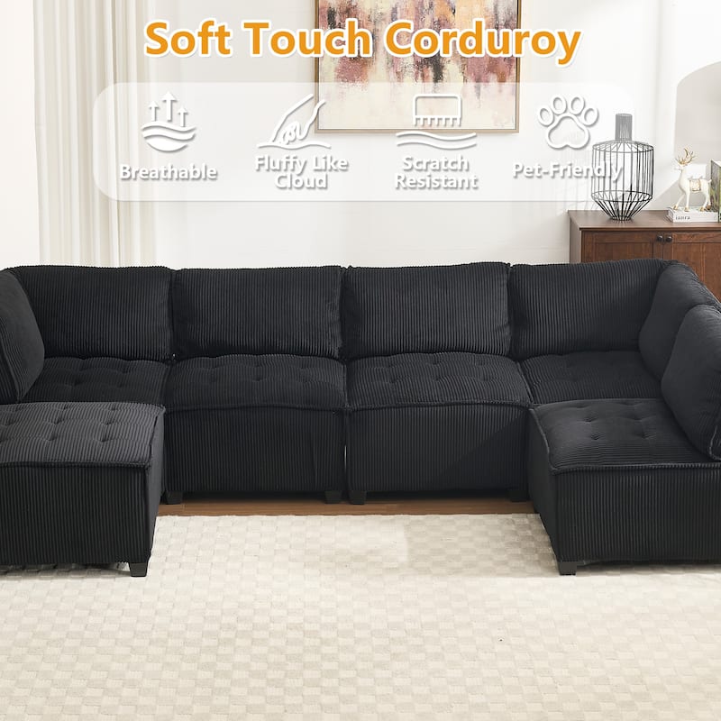 U-Shaped Corduroy Upholstered 6-Seat Convertible Modular Sectional Sofa Fit for Living Room