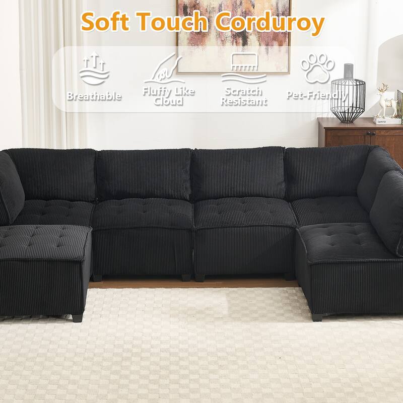 U-Shaped Modular Sectional Sofa, Oversized Corduroy Cloud Couch with Reversible Chaise, Comfy Convertible 6-Seat Corner Couch