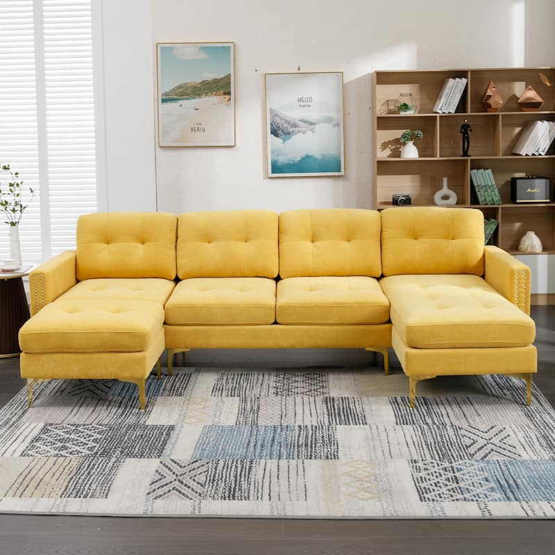 110" L-Shape Convertible Sofa with Ottoman, Yellow Velvet