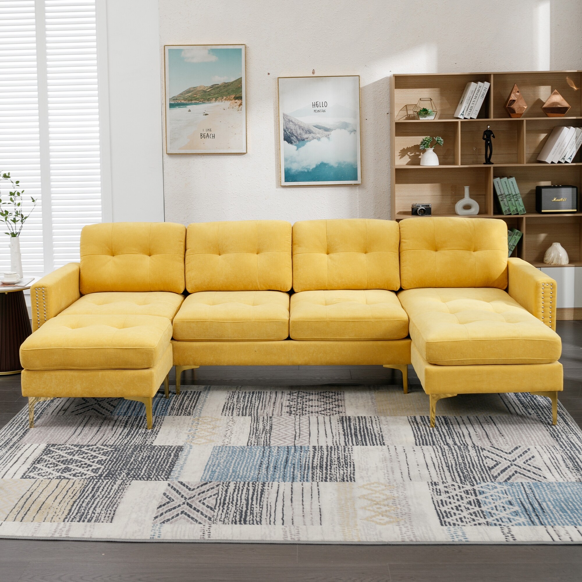 Convertible Sleeper Chaise Lounge L Shape Sectional Sofa Sets with