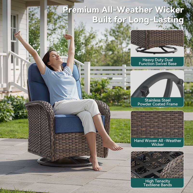 Pocassy Outdoor Sofa Swivel Chair and Ottman with 30in Fire Pit Table