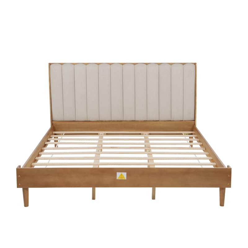 King Size Wood Bed with Piano Key Style Upholstered Headboard, Wood Bed with Strengthened Bed Frame