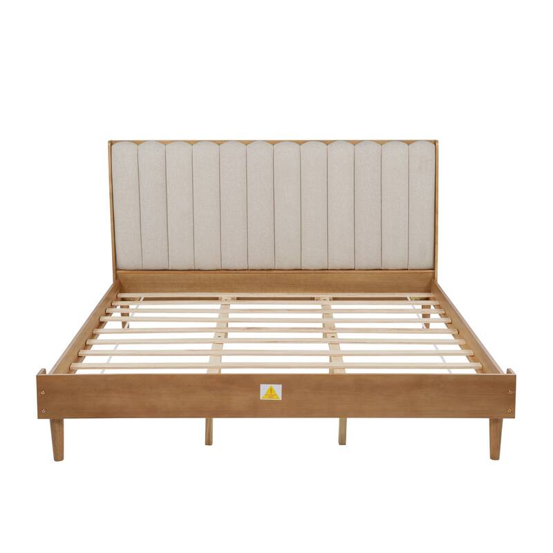 Wheat Wooden Bed Frame with Piano Key Style Upholstered Headboard, Strengthened Bed Frame Slat Support