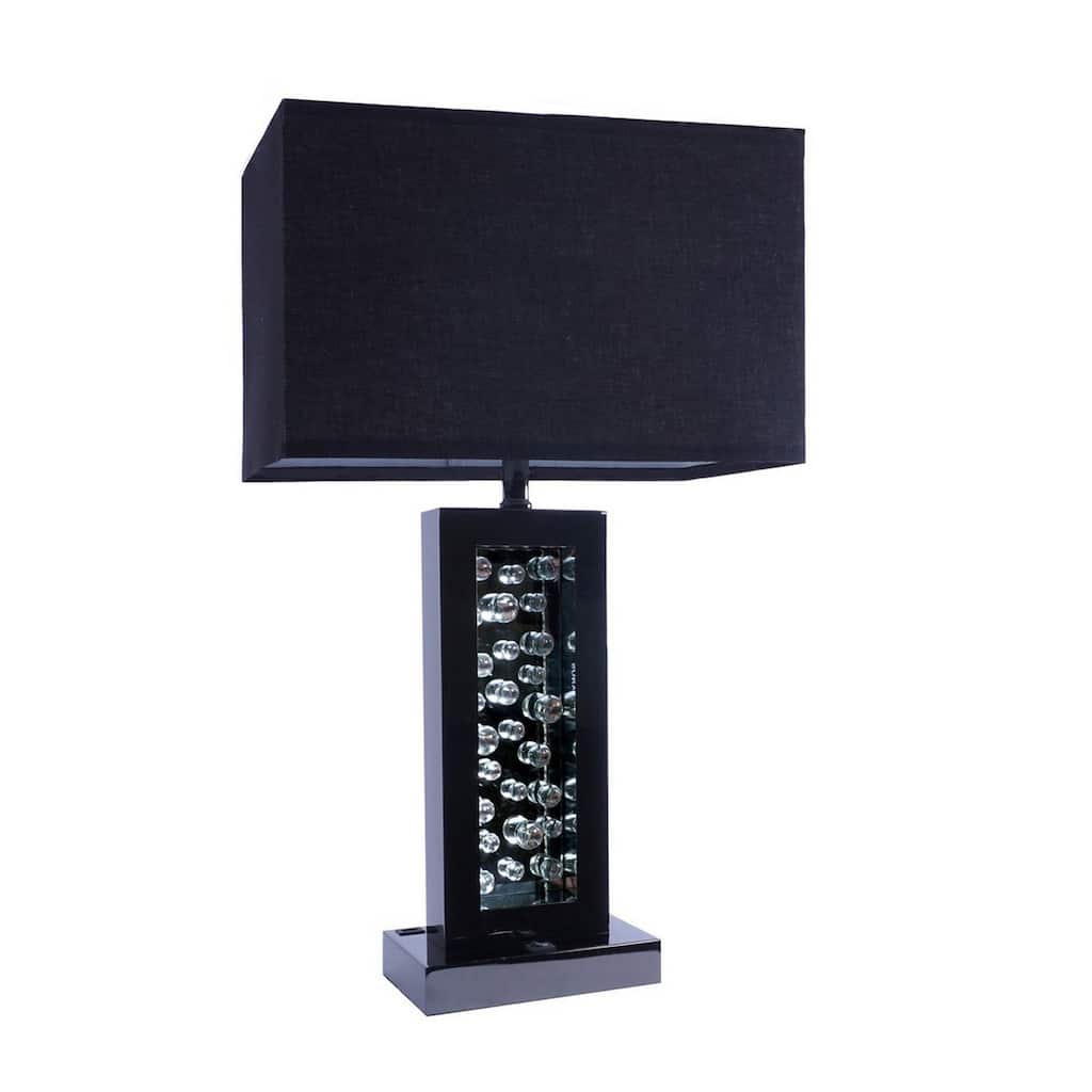 28 Inch Nickel Table Lamp, Black Fabric Shade, Glass Panel with LED Accents