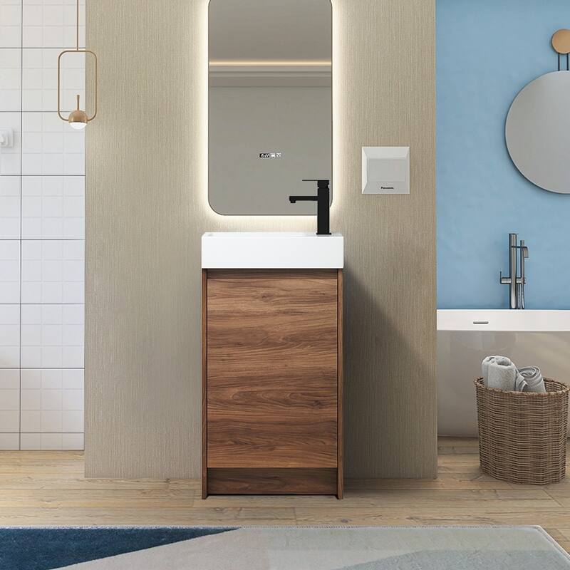 Modland 18" Freestanding Bathroom Vanity with Ceramic Sink & Soft-Close Door - Eco Plywood, Brown Ebony, Small Space - 18 Inch - 18 Inch