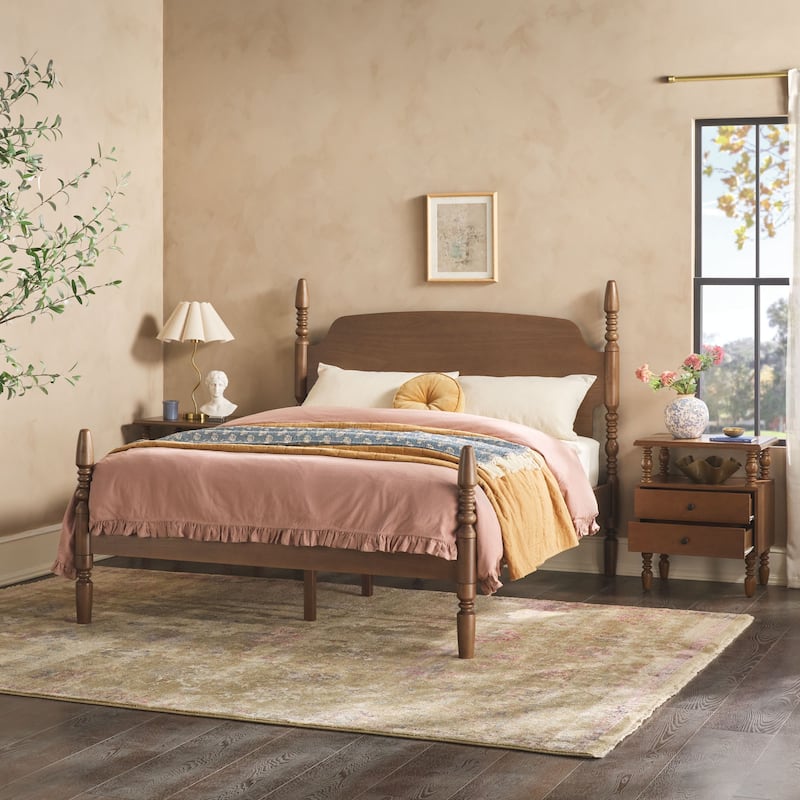 Walker Edison Spindle Queen Bed with 2-Drawer Nightstands Bedroom Set