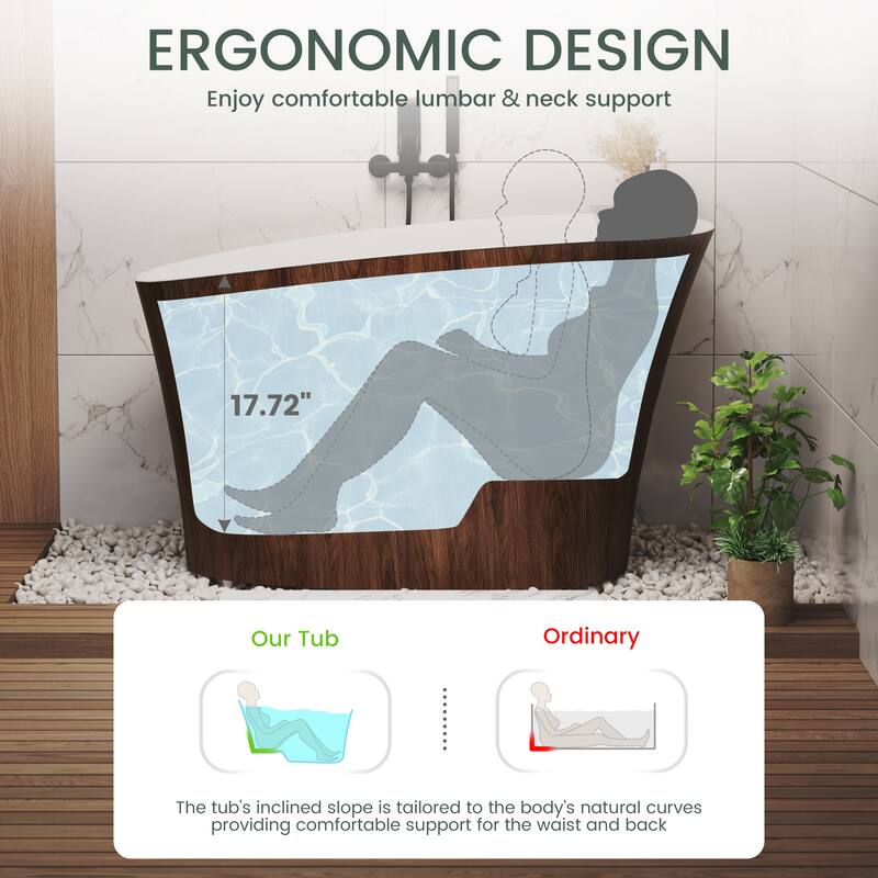 51 in. Solid Surface Freestanding Deep Soaking Bathtub with Built-In Seat, Right Drain, Matte White with Wood Grain Pattern