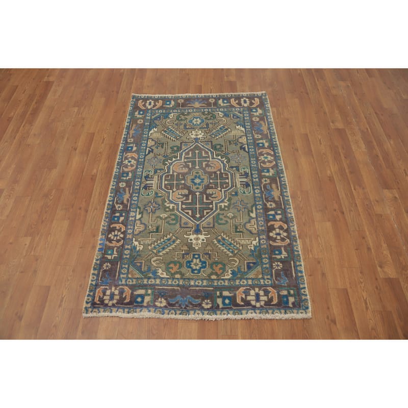 Hand Knotted Oriental 100% Wool Carpet Traditional Geometric Green Tabriz Area Rug - 4' 11'' X 3' 2''