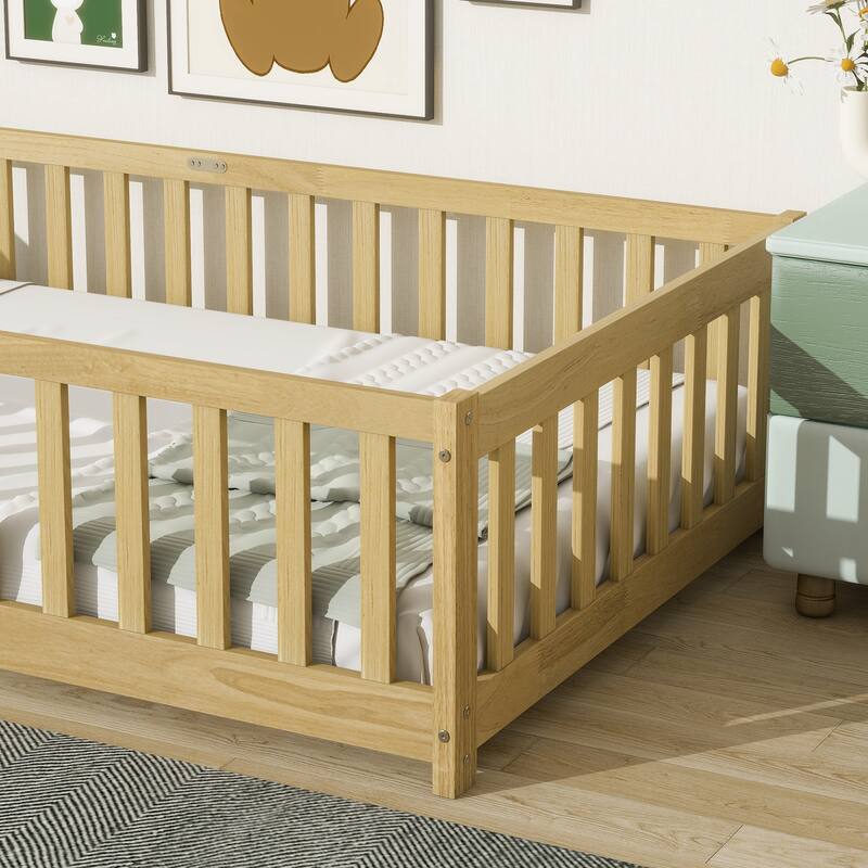 Rubber Wood Twin Size Floor Bed with Fence without Door
