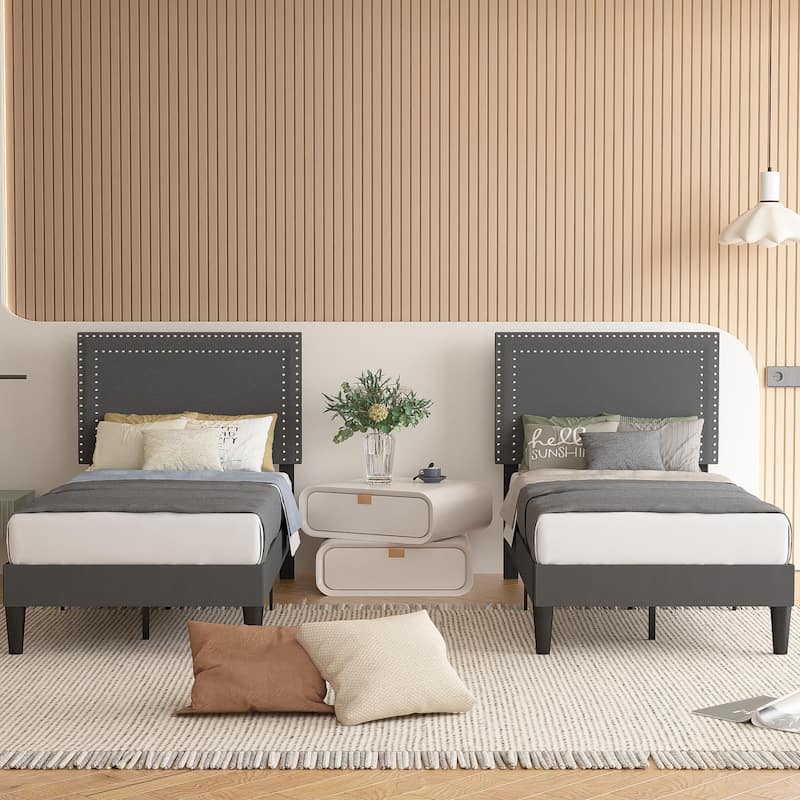 VECELO Twin Size Kids Beds Set of 2 Adjustable Headboard Soft Upholstered Headboard with Rivet Detail 8" Underbed Storage - Dark Grey