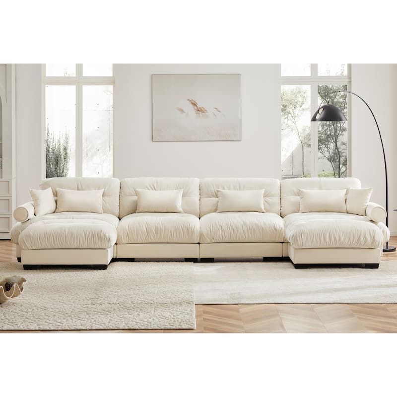 GDFStudio - Azura Vintage Velvet 4 Seater Sectional Sofa with 2 Movable Ottomans and Pillows