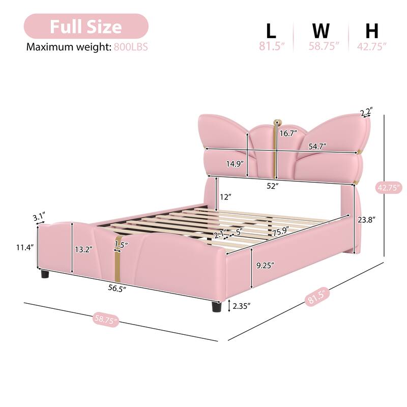 Bedroom Platform Bed Frame with Butterfly-Shaped Headboard, PU Leather Upholstered Bed with Gold Accents