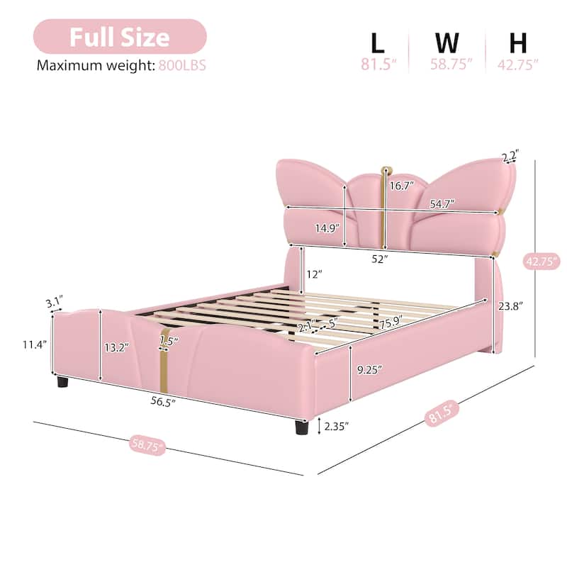 Roomfitters Full Size Upholstered Platform Bed Frame with Butterfly Headboard, Faux Leather, Gold Accent Trim