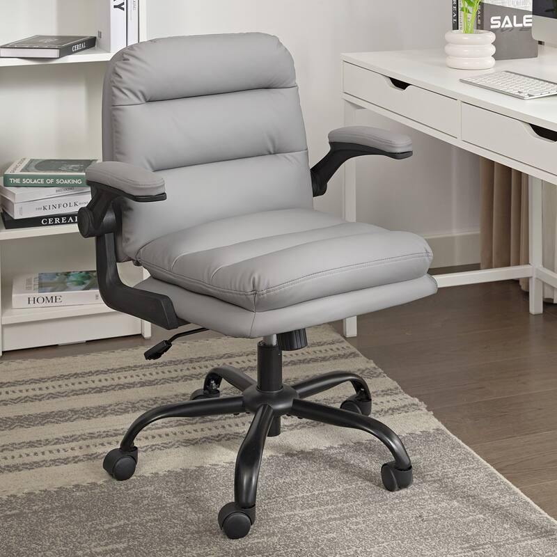 Javlergo White PU Leather Office Chair Adjustable Back 360° Swivel Chair with Flip-Up Arms Ergonomic Desk Chair for Home Office - Grey