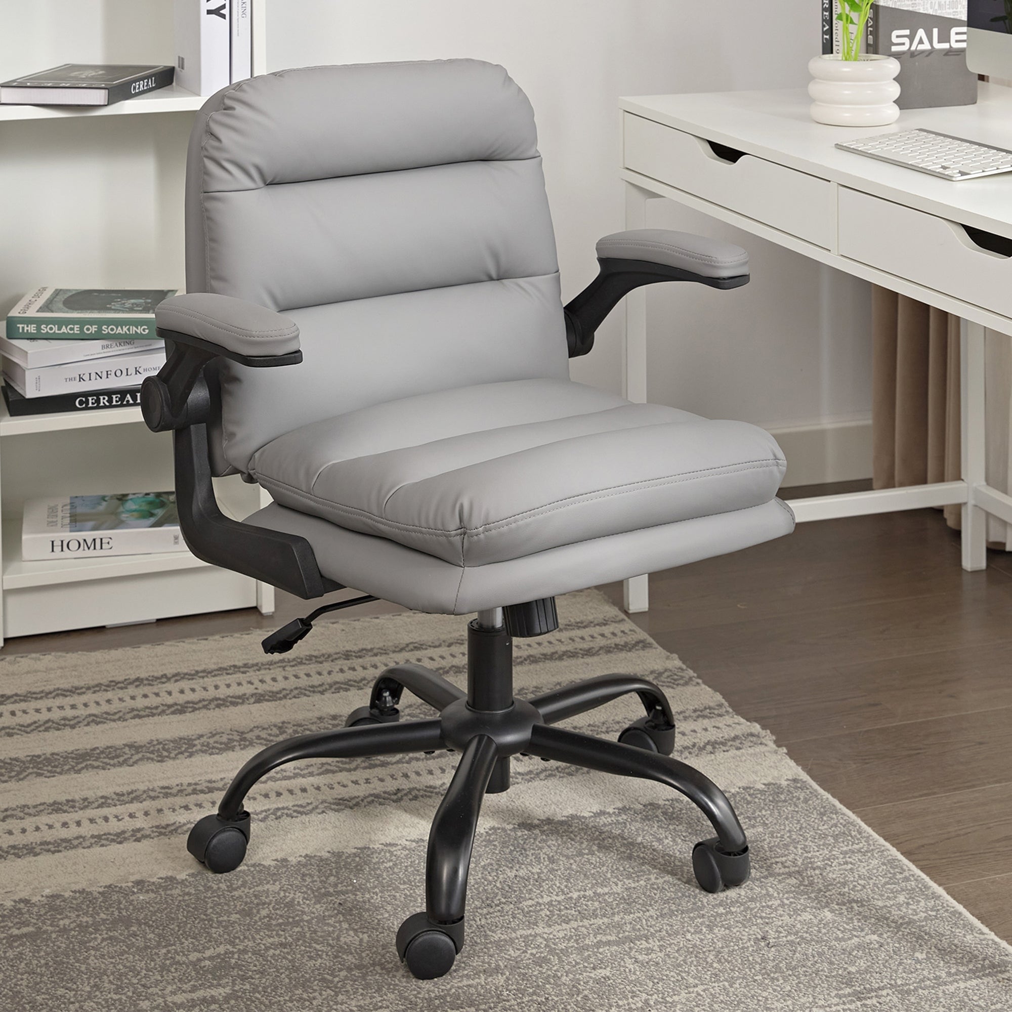 Javlergo White PU Leather Office Chair Adjustable Back 360° Swivel