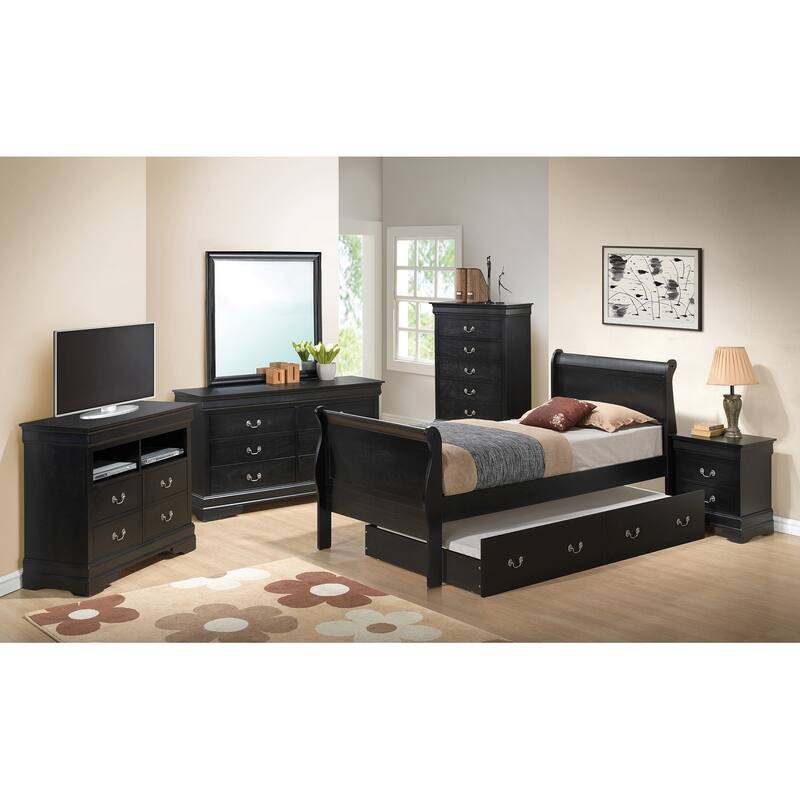Wooden Twin Platform Bed with Trundle - 87" - Black