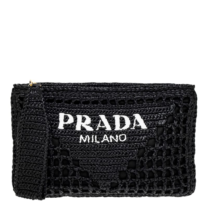 Prada Raffia Logo Envelope Clutch - Black