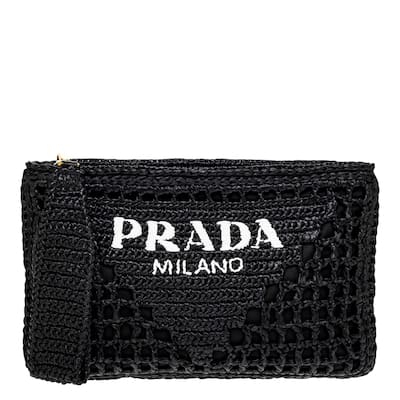 Prada Raffia Logo Envelope Clutch - Black