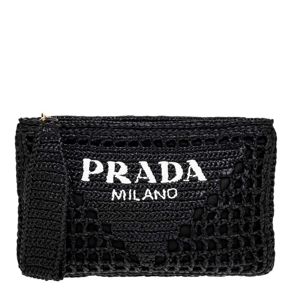 Prada Raffia Logo Envelope Clutch - Black