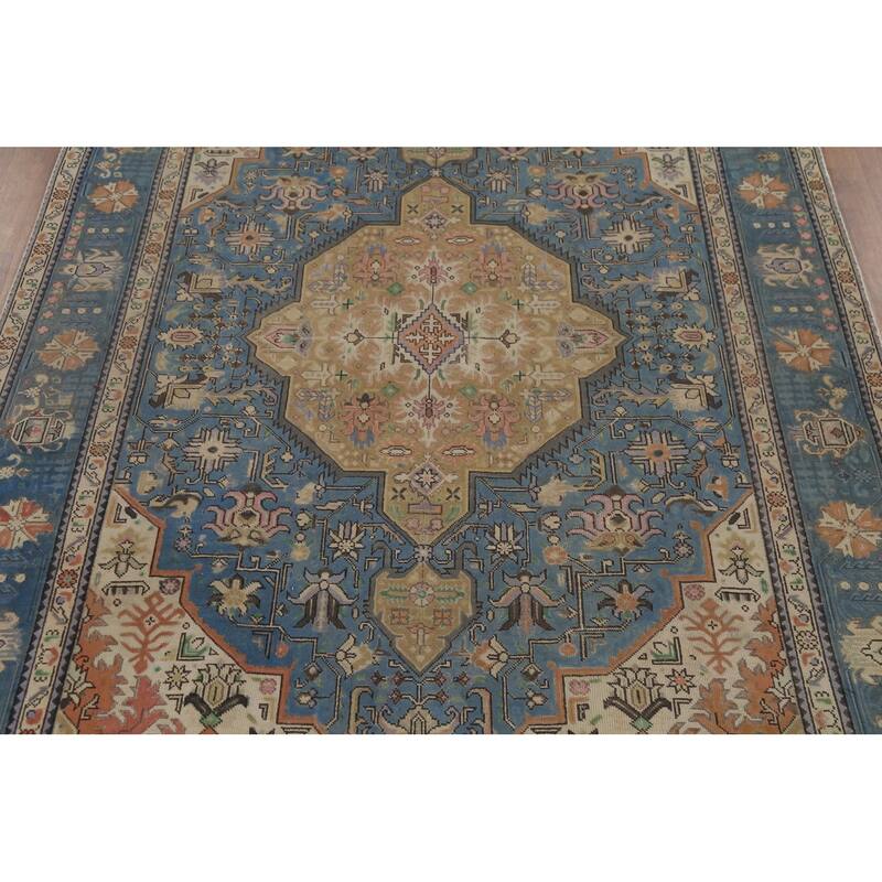 Geometric Blue Tabriz Persian Vintage Area Rug Handmade Wool Carpet - 6'6"x 9'8"