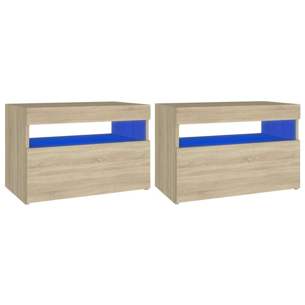 vidaXL Bedside Cabinet & LED Lights 2 pcs Sonoma Oak 24"x14"x16"