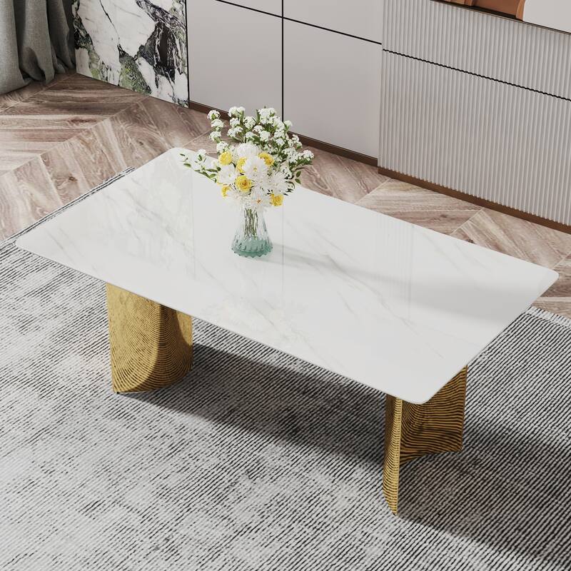 Roomfitters Dining Table with White Marble Glass Top and Gold Metal Legs for Kitchen or Living Room Use, White