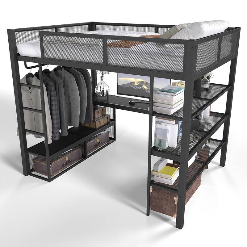 Queen Size Loft Bed with Storage Shelves, Metal Loft Bed with Clothes Hanging Rod and Desk, No Box Spring Needed Design, Black