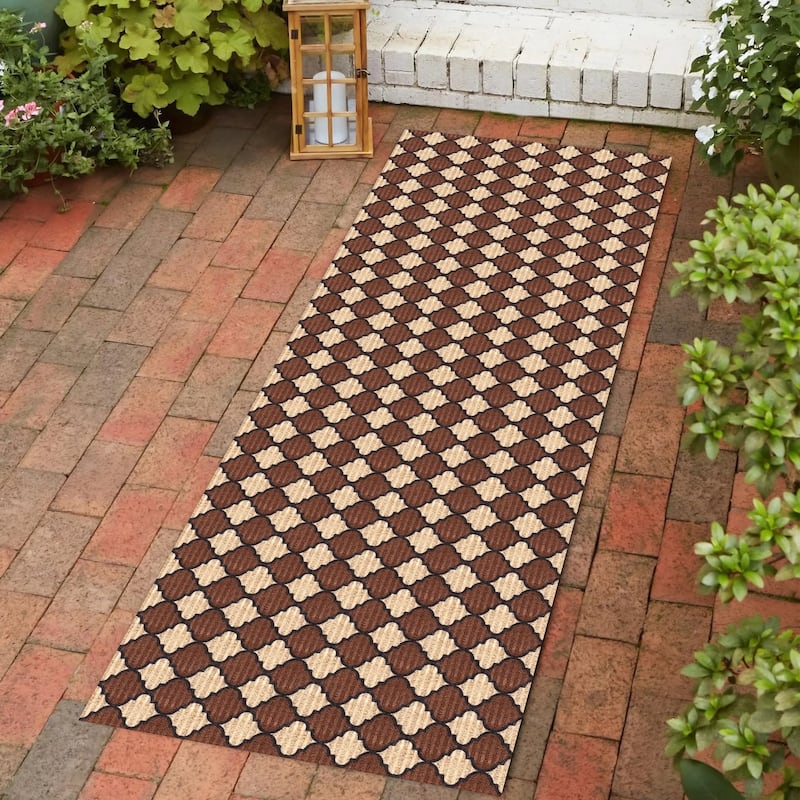 Indoor/Outdoor Custom Size Low Profile Runner Rug with Non-Slip PVC Backing - Water Resistant-Black-Brown-Beige Color-Trellis
