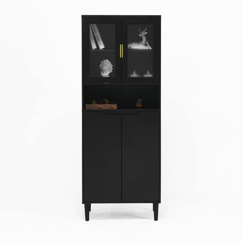 Tall Kitchen Pantry Cabinet with 2 Glass Display Doors & 2 Solid Doors