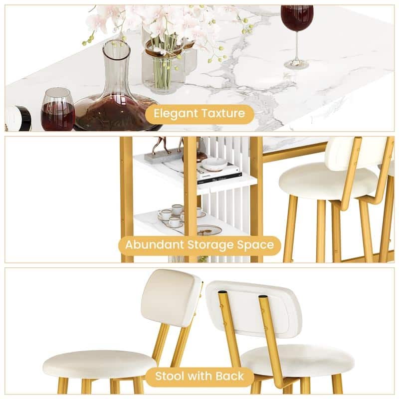 3-Piece Dining Room Table Set with 2 Upholstered Bar Stools, Modern Farmhouse Bar Table Set for 2 with Multiple Tier Shelves