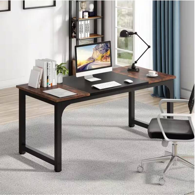 70.8" Executive Desk, Large Modern Office Computer Desk with Thick Metal Frame & Spacious Workstation - Brown+Black