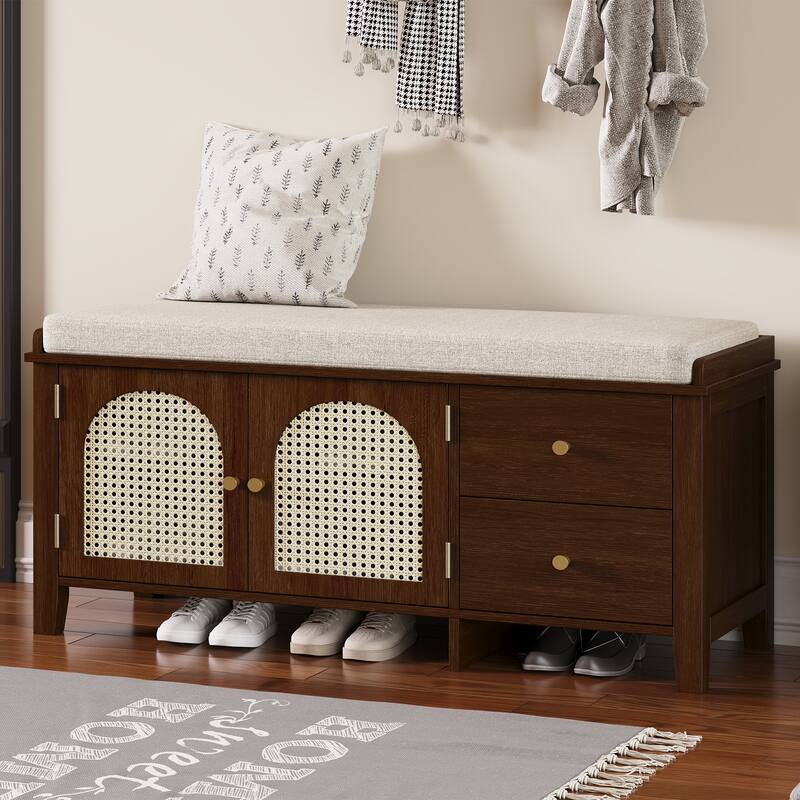 Wood Frame Bench with Shoe Storage, Shoe Bench with Rattan Arched Door and 2 Drawers Entryway Fabric Upholstered Bench - Espresso