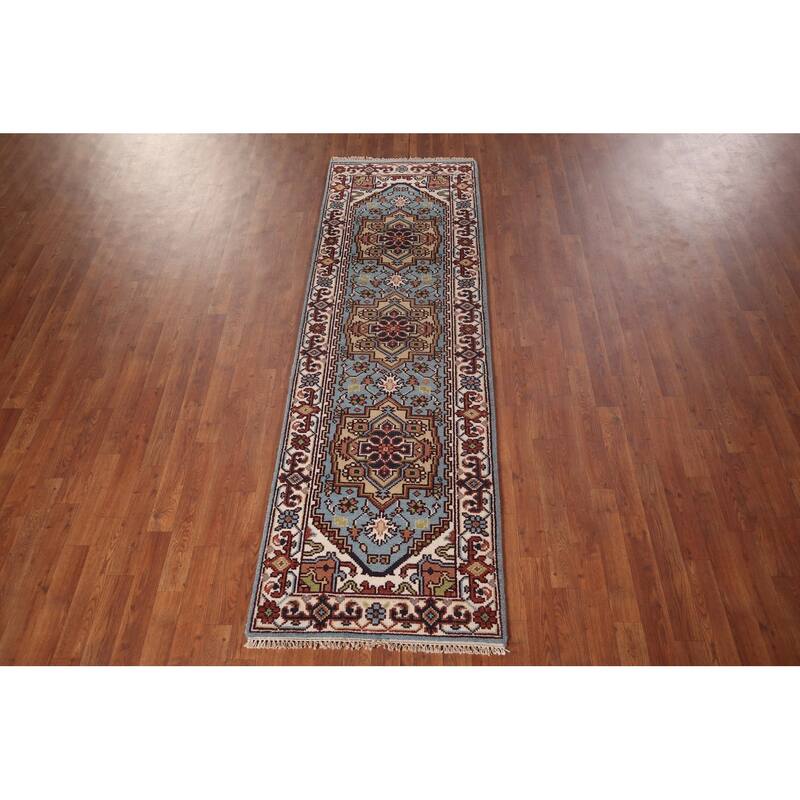 Light Blue Heriz Serapi Oriental Runner Rug Hand-Knotted Wool Carpet - 2'6"x 8'1"