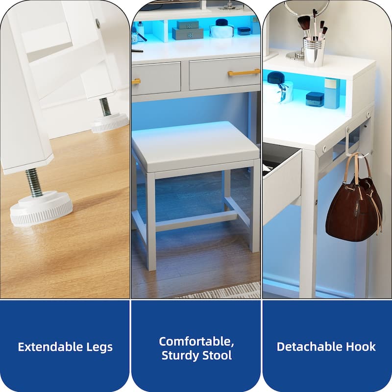 Moasis Vanity Desk with Mirror & Lights, Cream White Makeup Table Set with Stool - 31.5'' W X 21.5''D X 30''H
