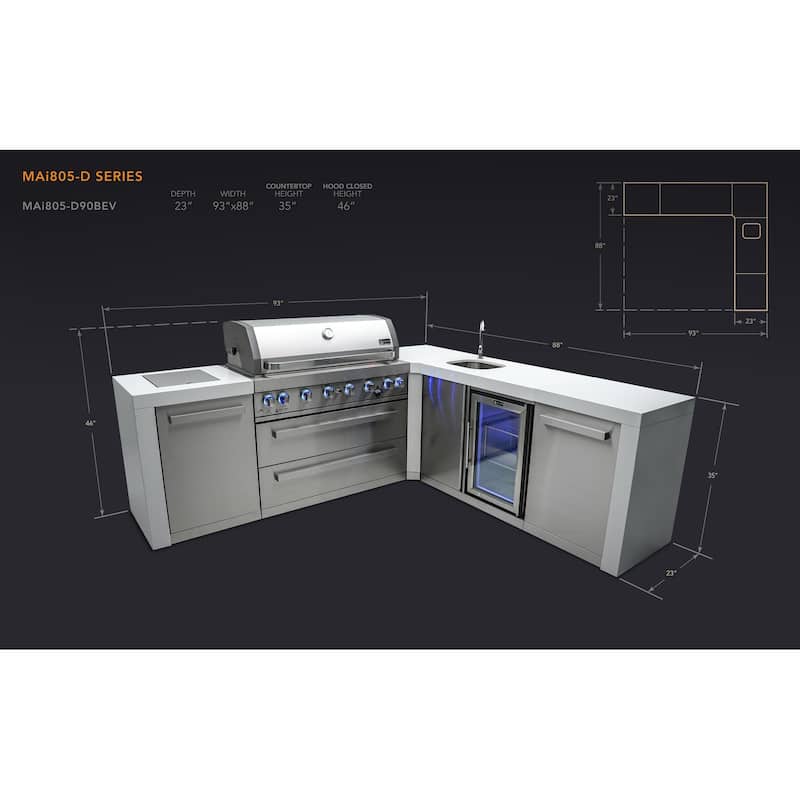 Mont Alpi MAi805-D90BEV 6-Burner L-Shaped 90° Corner Deluxe Stainless Steel Outdoor Kitchen Island Grill with Beverage Center