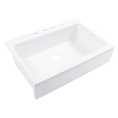 Parker Crisp White Fireclay 34" Single Bowl Quick-Fit Farmhouse Apron Front Drop-in Kitchen Sink with 4 Hole and Drain