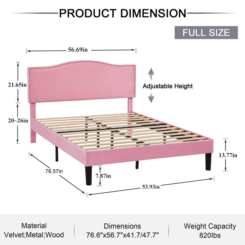 Javlergo Upholstered Platform Bed Frame with Adjustable Headboard, Strong Frame and Wooden Slats Support, Easy Assembly