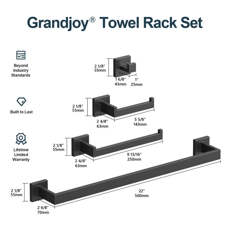 GRANDJOY Dual Shower Heads 12" Rainfall Shower System with 4-Piece Bathroom Towel Rack Combo Set