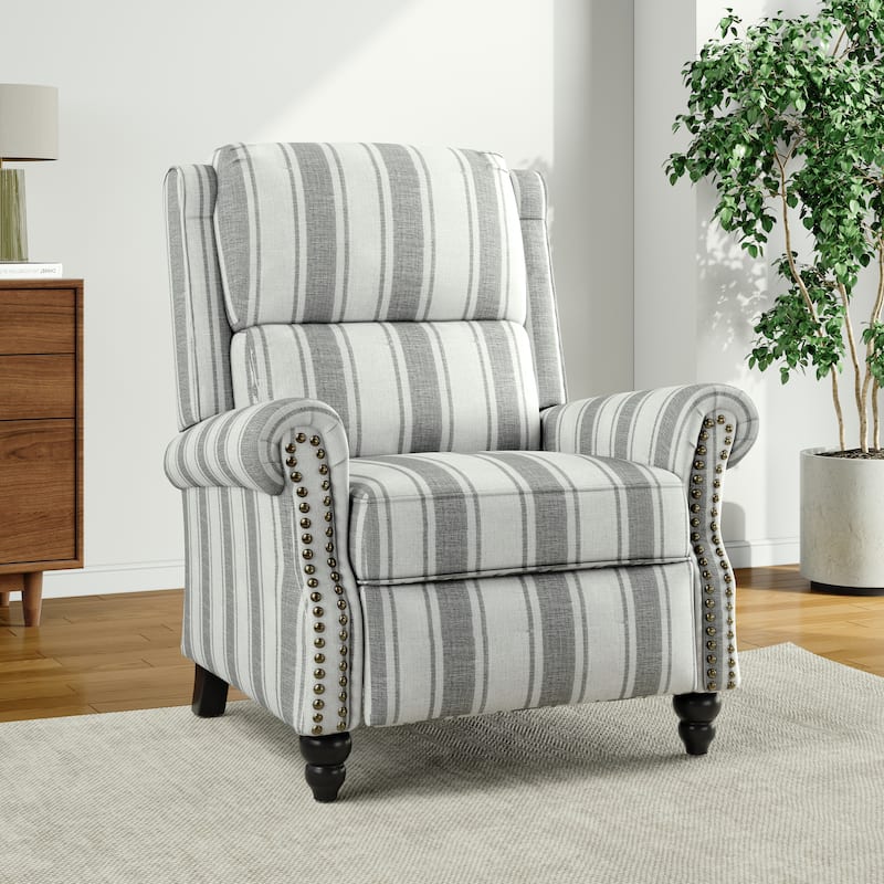 Alisa 35'' W Vegan Leather/ Linen Glider Push Back Recliner Chair - Grey Striped