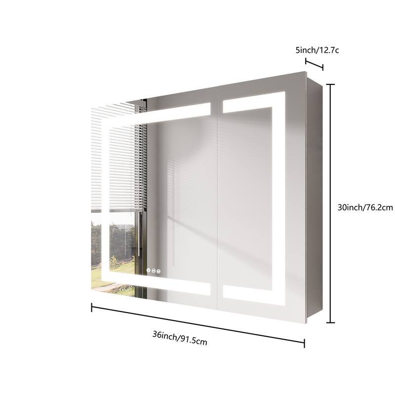 36 in. W x 30 in. H Rectangular Aluminum Frameless Double Door LED Lighted and Defogger Medicine Cabinet with Mirror