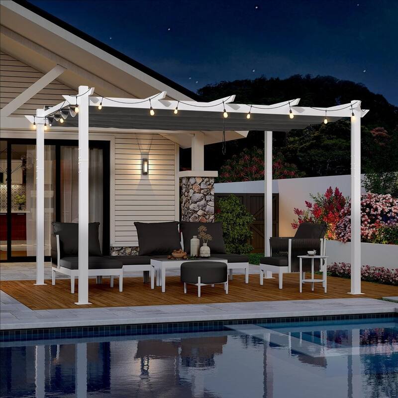 PURPLE LEAF Gazebo Outdoor Retractable White Heavy-Duty Aluminum Pergola with Extra Top Roof - 10' x 13'(String Light ) - White & Grey
