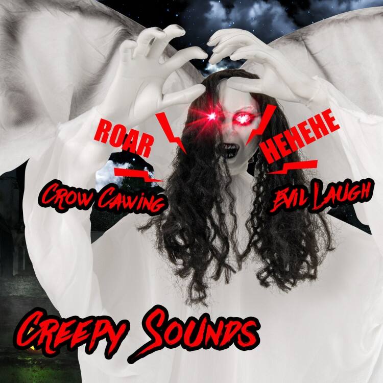 White Metal Fabric Animated Halloween Angel Prop with Wings and Sound