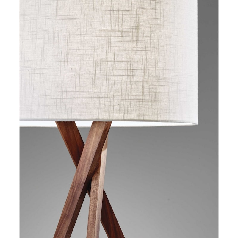 Brown Wood Linen Shade Tripod Table Lamp with Drum Shade and Rotary Socket Switch - 15” x 15” x 29.5” (D x W x H)