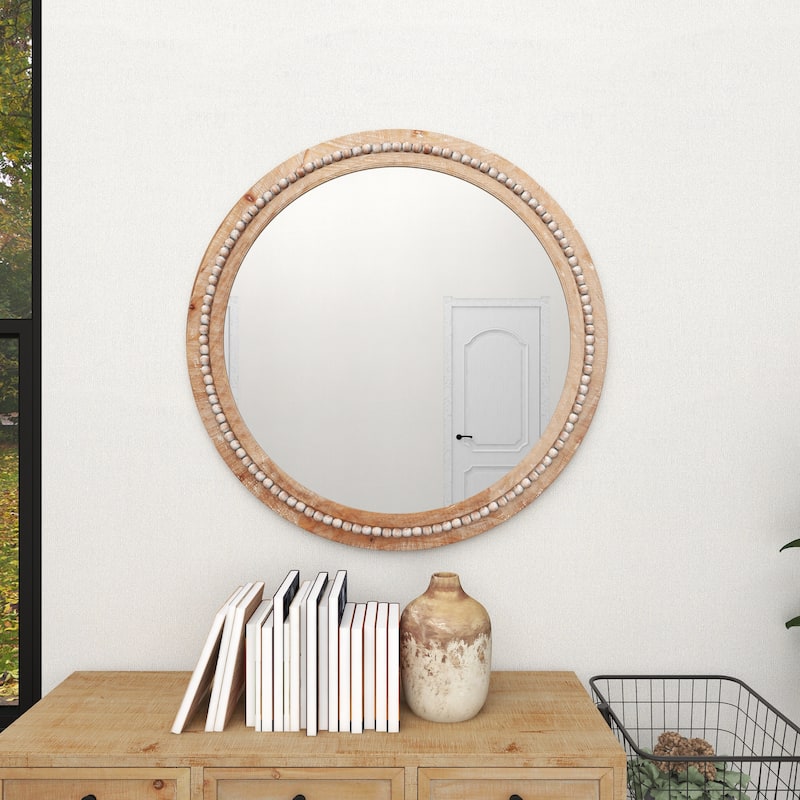 Contemporary Wood Distressed Wall Mirror with Beaded Detailing - Brown or White